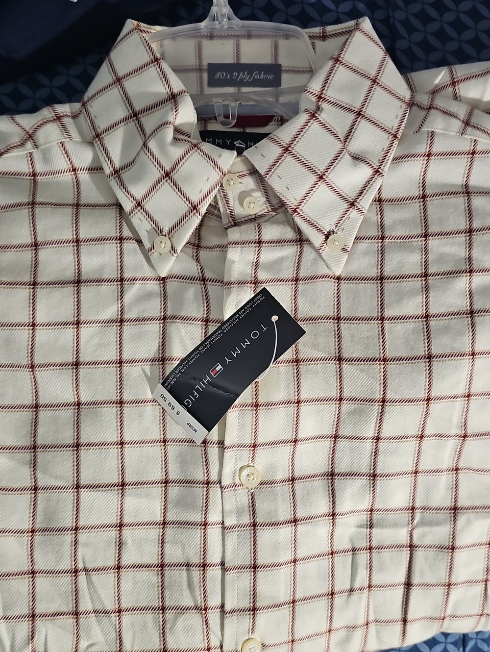 Tommy Hilfiger Men’s Cream Button-Down Shirt with Red Windowpane Plaid